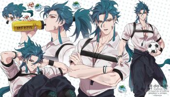 1boy ball bandaid bandaid_on_cheek bandaid_on_face black_pants blue_hair bottle bracelet brown_eyes buckle chest_harness clothes_around_waist collarbone collared_shirt commentary_request crossed_arms emu_(3mecho) exercising harness highres holding holding_ball holding_bottle jacket jacket_around_waist jewelry jiyan_(wuthering_waves) long_hair looking_at_viewer looking_to_the_side male_focus multiple_views pants partially_open_shirt ponytail shirt sideways_glance sit-up snap-fit_buckle soccer_ball speech_bubble very_long_hair water_bottle watermark whistle white_shirt wing_collar wristband wuthering_waves