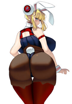 Rule 34 | 1girl, absurdres, animal ears, ass, backboob, bare shoulders, blonde hair, blunt bangs, boots, breasts, cropped legs, curvy, fake animal ears, fake tail, from behind, highres, huge ass, huge breasts, kouno (masao), looking at viewer, original, playboy bunny, rabbit tail, simple background, solo, standing, tail, thigh boots
