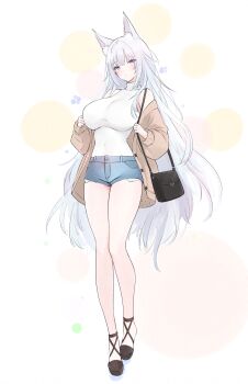 Rule 34 | 1girl, :o, alternate costume, animal ear fluff, animal ears, azur lane, bag, bare shoulders, black bag, blue eyes, breasts, brown jacket, brown shoes, casual, commentary request, covered navel, denim, denim shorts, fox ears, fox girl, full body, handbag, highres, jacket, large breasts, livetarica, long hair, off shoulder, open clothes, open jacket, open mouth, shinano (azur lane), shirt, shoes, short shorts, shorts, simple background, sleeveless, sleeveless shirt, solo, standing, thighs, very long hair, white hair, white shirt