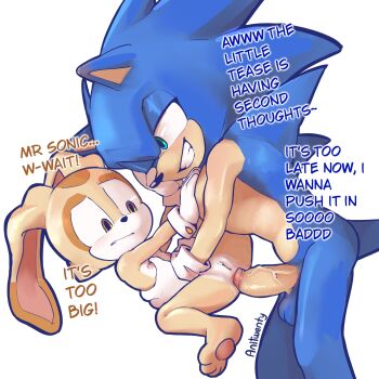 1boy 1girl age_difference anal animal_ears animal_nose anitwenty artist_name barefoot biting_own_lip blue_fur body_fur brown_eyes brown_fur completely_nude constricted_pupils cream_the_rabbit english_text flat_chest furry furry_female furry_male furry_with_furry gloves green_eyes grin hedgehog_boy hetero highres interspecies just_the_tip loli nipples nude parted_lips penis pussy rabbit_ears rabbit_girl sex sideways_mouth simple_background smile sonic_(series) sonic_the_hedgehog spread_legs tail testicles uncensored white_background white_gloves