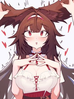1girl 1other ahoge alt_text animal_ears blush breasts brown_hair cleavage commentary distr english_commentary fox_ears fox_girl grabbing_another's_ear hairband hand_on_another's_ear heart highres large_breasts paid_reward_available red_eyes shirt simple_background white_background white_hairband white_shirt ye_shunguang zenless_zone_zero