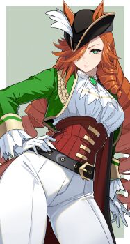 1girl animal_ears ascot belt black_belt breasts brown_hair closed_mouth corset drill_hair ears_through_headwear gloves green_eyes green_jacket hair_over_one_eye hand_on_own_hip highres horse_ears horse_girl horse_tail jacket large_breasts long_hair long_sleeves looking_at_viewer pants red_corset reibun_(raven1119) shirt simple_background solo tail toni_bianca_(umamusume) umamusume umamusume:_cinderella_gray white_ascot white_gloves white_pants white_shirt