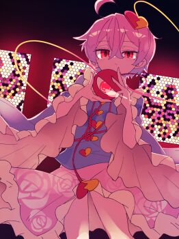 1girl ahoge blue_shirt buttons commentary_request contrapposto crossed_bangs double-parted_bangs expressionless eyeball floral_print hair_between_eyes hair_ornament hands_up heart heart_button heart_hair_ornament highres indoors komeiji_satori long_sleeves looking_at_viewer petticoat pink_eyes pink_hair pink_skirt ryouryou shirt short_hair skirt solo stained_glass stenciled_rose third_eye touhou wide_sleeves window