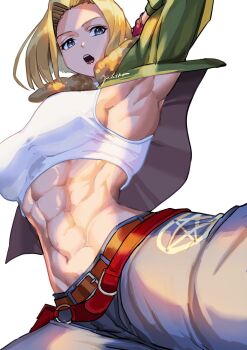 Rule 34 | 1girl, abs, armpits, baggy pants, belt, belt skirt, blonde hair, blue eyes, blue mary, bob cut, breasts, crop top, fatal fury, fingerless gloves, gloves, halterneck, highres, large breasts, looking at viewer, loose belt, midriff, multiple belts, muscular, muscular female, navel, pants, parted hair, shirt, short hair, simple background, sleeveless, sleeveless turtleneck, snk, solo, the king of fighters, tight top, turtleneck, yukinoshin f