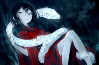 1girl alt_(apou) animal black_hair in_tree japanese_clothes kimono looking_at_viewer obi original oversized_animal pale_skin parted_lips red_kimono sash short_hair sitting snake solo tree white_snake wide_sleeves