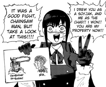 1girl :d black_gloves cape caricature chainsaw_devil chainsaw_man commentary drawing_(object) english_commentary english_text gloves holding holding_drawing medium_hair meme monochrome open_mouth ringed_eyes sidelocks smile solo tongue tongue_out upper_body v wanderjegson yes_chad_(meme) yoru_(chainsaw_man)