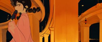 Rule 34 | 2girls, black hair, black sky, braid, clone, commentary request, eating, expressionless, falling, food, from side, hand up, highres, holding, holding food, holding popsicle, lamppost, long hair, long sleeves, looking ahead, low twin braids, madotsuki, melting popsicle, multiple girls, night, outdoors, overpass, pink eyes, pink sweater, popsicle, profile, sky, sweater, twin braids, uchuujin (uchuuseimeitai6), unfinished, upper body, yume nikki