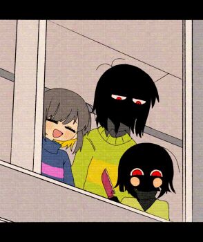 3others adversarial_noise blonde_hair blue_sweater blush blush_stickers brown_hair chara_(undertale) collared_sweater colored_inner_hair deltarune derivative_work eyes_in_shadow frisk_(undertale) green_sweater holding holding_knife knife kris_(deltarune) looking_down mr0x0 multicolored_hair multiple_others photo-referenced red_knife smile striped_clothes striped_sweater sweater too_many_watermarks undertale utdr_(toby_fox) watermark watermark_grid