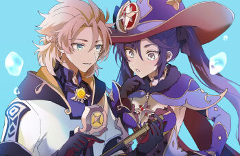 1boy 1girl air_bubble albedo_(genshin_impact) armpits asymmetrical_bangs black_gloves blonde_hair blue_background braid bubble capelet collared_shirt commentary_request couple dress elbow_gloves bad_tag genshin_impact gloves green_eyes hair_between_eyes hair_slicked_back hand_on_own_chin hand_on_own_hip hat high_collar holding hood hood_down jewelry leaning_to_the_side long_hair looking_at_another looking_down looking_to_the_side mona_(genshin_impact) parted_lips pendant purple_hair sawanojiga shade shirt short_hair short_sleeves side_braids standing teeth twintails upper_teeth_only vision_(genshin_impact)