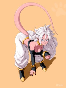 :3 android_21 ass bare_shoulders bent_over blue_eyes bracelet breasts cleavage colored_skin detached_sleeves dragon_ball dragon_ball_fighterz earrings harem_pants highres hoop_earrings ivyrandomart jewelry large_breasts long_hair looking_at_viewer majin_android_21 pants pink_skin pointy_ears strapless tail tube_top white_hair