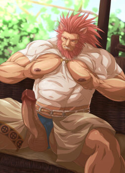 1boy animal_ears bara bare_pectorals beard blue_male_underwear caineghis_(fire_emblem) censored clothing_aside clothing_cutout commentary_request erection facial_hair fire_emblem fire_emblem:_path_of_radiance large_pectorals large_penis large_variant_set male_focus male_underwear male_underwear_aside mosaic_censoring muscular muscular_male nintendo nipples nisetetsuo pectorals penis penis_out pointless_censoring red_hair sitting solo testicles underwear variant_set