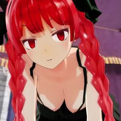 1girl 3d :3 animal_ears animated areola_slip bare_shoulders bouncing_breasts braid breasts cat_ears cat_girl downblouse hanging_breasts jiggle kaenbyou_rin large_breasts leaning_forward long_hair matching_hair/eyes mofumoko5 no_bra red_eyes red_hair smile smug solo tagme touhou video