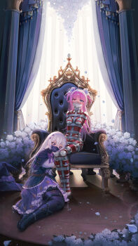 Rule 34 | 2girls, ahoge, armbinder, artist request, belt, black capelet, blue eyes, bound, capelet, chain, chain leash, chair, check artist, collar, commission, dress, flower, gag, grey hair, hair flower, hair ornament, hat, heterochromia, high heels, highres, improvised gag, leaning on person, leash, legbinder, leno^a^, long hair, metal collar, multiple girls, mummification (bound), on chair, original, pink hair, pointy ears, purple dress, purple eyes, red eyes, reflection, rose, second-party source, tape, tape bondage, tape gag, unworn headwear, variant set, white flower, white rose, witch hat