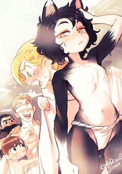 2girls 3boys absurdres animal_ears armpits bathing beard black_fur black_hair blindfold blonde_hair blush body_fur breasts cat_ears cat_girl cat_tail chilchuck_tims colo_(nagrolaz) dungeon_meshi dwarf elf facial_hair fundoshi furry furry_female halfling highres holding holding_towel izutsumi japanese_clothes laios_touden long_beard long_hair looking_at_viewer marcille_donato multiple_boys multiple_girls muscular muscular_male orange_eyes pectorals pointy_ears senshi_(dungeon_meshi) short_hair shouting small_breasts smile steam tail towel wet wet_hair
