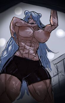 1girl abs animal_ears breasts goodruck highres large_breasts long_hair muscular muscular_female pubic_hair scar smile sweat sweatdrop