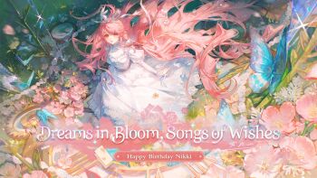 1girl absurdly_long_hair bamboo belt bib_collar blue_butterfly bow brown_eyes bug butterfly character_name cherry_blossoms clock collar commentary crystal dated day dress english_commentary english_text floating_clothes floating_hair flower frilled_collar frilled_dress frilled_wrist_cuffs frills full_body gears grey_belt hair_flower hair_ornament hair_ribbon happy happy_birthday heart highres infinity_nikki insect juliet_sleeves light_particles long_dress long_hair long_sidelocks long_sleeves maccha_(mochancc) nail_polish nape_braid nikki_(nikki) nikki_(series) official_art open_mouth outdoors pink_flower pink_hair pink_nails puffy_sleeves ribbon second-party_source sidelocks skirt_hold sleeves_past_wrists smile solo sparkle standing very_long_hair wavy_hair white_bow white_collar white_dress white_ribbon white_wrist_cuffs wind wrist_bow wrist_cuffs