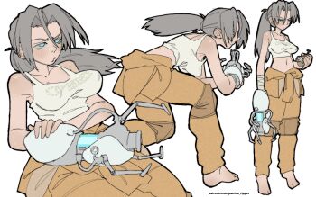 1girl aperture_science_handheld_portal_device barefoot blue_eyes breasts chell crop_top glados grey_hair highres impossible_clothes jumpsuit jumpsuit_around_waist medium_breasts midriff multiple_views navel orange_jumpsuit orange_pants pants pantsu-ripper ponytail portal_(series) portal_1 potato tank_top white_background white_tank_top