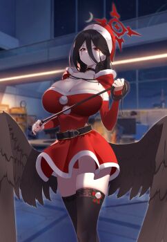 1girl absurdres backlighting black_choker black_hair blue_archive breasts brown_thighhighs bunpil choker christmas cleavage commentary_request dress halo hasumi_(blue_archive) hat highres holding holding_whip huge_breasts indoors lace lace-trimmed_thighhighs lace_trim large_breasts long_hair looking_down menacing night panties red_eyes red_halo red_panties santa_costume santa_dress santa_hat solo standing thighhighs underwear whip wings