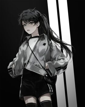 1girl black_eyes black_hair black_shorts black_thighhighs blackbox_(blackbox9158) grey_jacket hands_in_pockets highres jacket looking_at_viewer omniscient_reader&#039;s_viewpoint shirt short_twintails shorts solo striped_clothes striped_jacket thighhighs third-party_source twintails white_shirt yoo_mia zettai_ryouiki