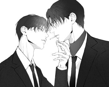 2boys black_coat black_hair black_necktie black_shirt coat collared_shirt grabbing_another&#039;s_chin greyscale hand_on_another&#039;s_chin hand_up head_tilt highres kim_dokja looking_at_another male_focus monochrome multiple_boys necktie omniscient_reader&#039;s_viewpoint shirt short_hair undershirt upper_body white_shirt yiyuehua yoo_joonghyuk