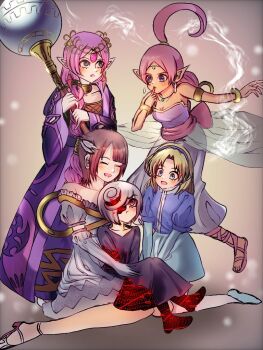 Rule 34 | 5girls, :d, aged down, armlet, bangle, bare shoulders, black dress, blonde hair, blood, blue eyes, blue hairband, blush, bracelet, braid, brown hair, choker, closed eyes, dark skin, dress, earrings, elbow gloves, eyepatch, floating, forehead jewel, full body, genie, gloves, grey hair, hair ornament, hair over one eye, hairband, high heels, high ponytail, holding, holding staff, jewelry, kneeling, long dress, long hair, long sleeves, magic, maria robotnik, merlina (sonic), multicolored hair, multiple girls, necklace, open mouth, parted bangs, pink hair, pointy ears, ponytail, princess elise the third, purple dress, purple eyes, purple hair, red eyes, red hair, robe, sage (sonic), sandals, shahra, short hair, single braid, sitting, sitting on lap, sitting on person, skirt, smile, sodadayo01410, sonic (series), staff, strapless, strapless dress, two-tone hair, white hair, wizard