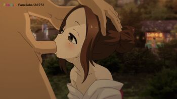 1boy 1girl animated animated_gif brown_eyes brown_hair deepthroat fantia felipe_godoy fellatio gif_artifacts hair_bun hands_on_another&#039;s_head hetero irrumatio karakai_jouzu_no_takagi-san loli long_hair oral outdoors penis single_hair_bun source_request tagme takagi-san throat_bulge uncensored