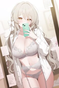 1girl blue_archive bow bra braid breasts cleavage collared_shirt deyui dress_shirt garter_belt grey_hair hair_bow hand_up highres holding holding_phone lace lace-trimmed_bra lace-trimmed_panties lace_trim large_breasts long_hair mirror mirror_selfie miyo_(blue_archive) navel no_pants open_clothes open_shirt panties phone revision selfie shirt side_braid solo stomach thigh_gap translation_request underwear very_long_hair white_bow white_bra white_garter_belt white_panties white_shirt yellow_eyes