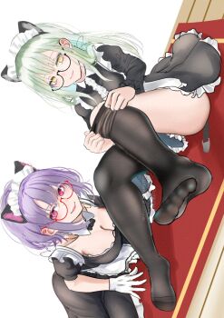 2girls animal_ears bang_dream! bang_dream!_it&#039;s_mygo!!!!! black_dress breasts cleavage closed_mouth commentary dress fake_animal_ears glasses gloves highres large_breasts maid maid_headdress multiple_girls no_shoes noir_(nowaru) pink_eyes purple_hair semi-rimless_eyewear short_hair symbol-only_commentary thighs under-rim_eyewear wakaba_mutsumi white_gloves yellow_eyes yuutenji_nyamu