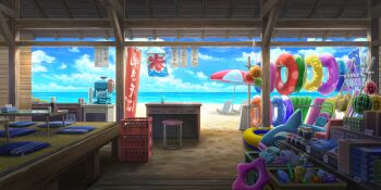 artist_request ball beach beachball beer_crate blue_sky cloud cloudy_sky day desk game_cg highres horizon ice_shaver indoors innertube kickboard kooribata no_humans ocean parasol propane_tank recliner scenery sky stool swim_ring swimming third-party_source tissue_box touhou touhou_lostword umbrella
