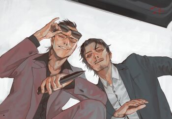 2boys black_hair black_shirt black_suit brown_eyes brown_suit buttons collared_shirt ctkcave eyewear_on_head facial_hair formal_clothes goatee holding holding_knife knife looking_at_viewer male_focus mohawk multiple_boys mustache old old_man open_car_hood original parted_bangs shirt short_hair simple_background smile suit sunglasses white_background white_shirt