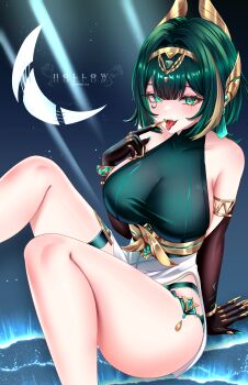 1girl :p absurdres artist_name bare_shoulders black_gloves blue_background breasts claw_ring collarbone commentary english_commentary fangs feet_out_of_frame genshin_impact gloves green_eyes green_hair hair_between_eyes hand_up highres hollow_mimikyu large_breasts nefer_(genshin_impact) open_mouth sitting skin_tight solo thighs tongue tongue_out