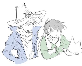 2boys animification bad_id bad_twitter_id blue_coat coat cowboy_hat cowboy_western edd_(eddsworld) eddsworld edward_gold_(eddsworld) eyepatch green_shirt hat inactive_account long_sleeves male_focus multiple_boys nana_(ebitokanimiso) neckerchief official_alternate_costume open_clothes open_coat painttool_sai_(medium) partially_colored sheriff_(western) shirt short_hair simple_background sketch thompson_(eddsworld) tom_(eddsworld) unworn_hat unworn_headwear white_background