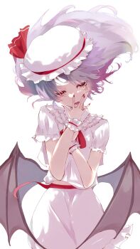 1girl bat_wings commentary_request expressionless fangs frills hat highres looking_at_viewer medium_hair mob_cap nail_polish parted_lips purple_hair red_eyes red_nails remilia_scarlet shirt short_sleeves sizu_picture skin_fangs skirt solo touhou upper_body vampire white_background white_shirt white_skirt wings