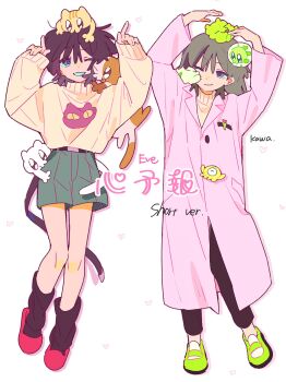 2girls absurdres animal animal_on_head artist_name belt black_belt black_hair black_pants brown_hair cat cat_on_head coat commentary_request creature_on_head drop_shadow eve_(musician) full_body green_shoes green_shorts grin heart highres kawa_(ricopin35) kneehighs kokoro_yohou_(vocaloid) lab_coat long_belt loose_socks medium_hair multiple_girls on_head one_eye_closed pants pink_coat pointing pointing_up shoes shorts side-by-side simple_background slippers smile socks song_name sweater sweater_tucked_in white_background yellow_sweater