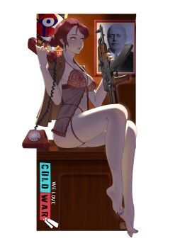 1girl absurdres akm akms antique_phone arm_up artist_name assault_rifle babydoll backlighting barefoot barefoot_sandals_(jewelry) blush border bra breasts brown_jacket cable commentary copyright_name curled_fingers english_commentary frills guest_art gun hair_bun highres holding holding_gun holding_phone holding_weapon izaveta_androvodka jacket jacket_on_shoulders kalashnikov_rifle lace large_breasts lingerie logo looking_at_viewer magazine_(weapon) military_jacket mixed-language_commentary multi-strapped_panties nail_polish nikita_khrushchev open_mouth outside_border panties phone photo_(object) portrait_(object) puto_trash red_bra red_hair red_panties rifle rotary_phone russian_commentary russian_text see-through_clothes shaded_face shoulder_boards sidelocks single_hair_bun sitting sitting_on_table solo soviet table teeth thighs thong thong_panties underwear watermark we_love_cold_war weapon white_border yellow_eyes