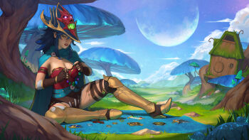 1girl absurdres amulet armor armored_boots bandaged_arm bandaged_leg bandages belt bioluminescence birdhouse blue_hair boots breasts brooch brown_skirt cape commentary commission dalejomej dang_(runescape) duellist&#039;s_cap_(tier_6) english_commentary fingerless_gloves forest gem giant_mushroom giant_tree gladiator gloves glowing glowing_hat glowing_mushroom grass green_belt green_cape green_nails hair_between_eyes hat highres jewelry leotard long_bangs long_hair market market_stall medium_breasts moss mushroom mycelium nature necklace old_school_runescape open_mouth orange_eyes original outdoors poleyn red_leotard ring rug runescape scenery second-party_source sigil skirt sky smile solo spiked_ear_piercing spiked_hair star_(sky) starry_sky sun_symbol thick_eyebrows tree yellow_eyes