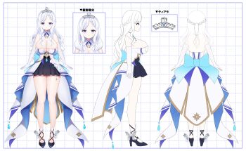 Rule 34 | 1girl, absurdres, aqua bow, aqua gemstone, arms at sides, back, back bow, bare legs, bare shoulders, black shoes, black skirt, blue eyes, blue trim, bow, braid, braided bangs, breasts, butterfly shoe ornament, catrea (vcatrea), cleavage, cleavage cutout, closed mouth, clothing cutout, collar, commentary request, criss-cross straps, detached collar, elbow gloves, from behind, from side, full body, gem, gloves, grid background, hair over shoulder, half up braid, highres, indie virtual youtuber, jewelry, kirara shiro, large breasts, light blush, long hair, long sidelocks, looking at viewer, miniskirt, multiple views, official alternate hairstyle, official art, overskirt, pendant, reference sheet, shirt, shoes, sideboob, sidelocks, silver tiara, simple background, skindentation, skirt, smile, standing, straight-on, strapless, strapless shirt, strappy heels, swept bangs, tiara, translation request, turnaround, undersized breast cup, virtual youtuber, wavy hair, white background, white collar, white gloves, white hair, white overskirt