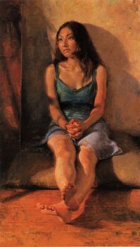 1girl aqua_dress barefoot black_eyes black_hair closed_mouth commentary_request dated_commentary dress feet highres indoors interlocked_fingers long_hair misawa_hiroshi oil_painting_(medium) on_pillow original own_hands_together painting_(medium) realistic sitting sleeveless sleeveless_dress solo traditional_media wooden_floor