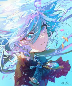 1girl ascot blue_eyes blue_hair bubble collar commentary_request fish frilled_collar frills furina_(genshin_impact) gem genshin_impact highres long_hair pechka signature smile underwater