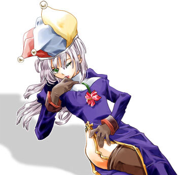 1girl aria_(glamorousgossip) breasts brown_gloves brown_thighhighs commentary_request covered_erect_nipples cowboy_shot dress flower garter_straps gloves green_eyes grey_hair hat holding holding_flower jester_cap juliet_sleeves leaning_back long_hair long_sleeves looking_at_viewer medium_breasts one_eye_closed pink_flower priest_(ragnarok_online) puffy_sleeves purple_dress ragnarok_online side_slit simple_background sitting solo thighhighs white_background