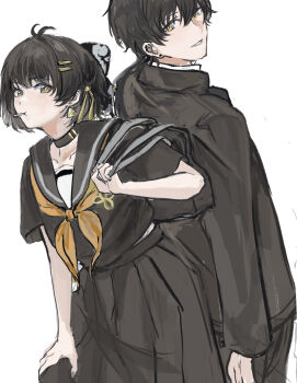 1boy 1girl black_hair black_jacket black_serafuku black_shirt black_skirt chinese_commentary commentary_request dual_persona earrings female_rover_(wuthering_waves) hair_ornament hair_ribbon hairclip highres jacket jewelry lollipop_in_mouth looking_at_viewer male_rover_(wuthering_waves) minglu_(gululu) neckerchief official_alternate_costume parallel_hairclips parted_lips ribbon rover_(wuthering_waves) school_uniform serafuku shirt simple_background skirt smile triangle_earrings white_background wuthering_waves yellow_eyes yellow_neckerchief yellow_ribbon