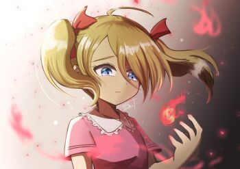 Rule 34 | 1girl, absurdres, ana (mother), blonde hair, blue eyes, dress, fire, hair ribbon, highres, mother (series), mother 1, nintendo, pink dress, red ribbon, ribbon, short twintails, twintails, watawata22