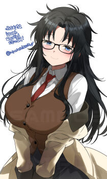 1girl black-framed_eyewear black_hair black_skirt blue_eyes blush breasts brown_vest closed_mouth coat collared_shirt commentary_request commission glasses highres long_hair necktie read_or_die red_necktie sample_watermark shirt skeb_commission skirt solo twitter_username urabanasimati vest watermark white_shirt yomiko_readman