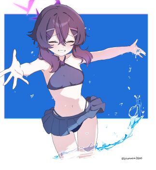1girl alternate_costume bikini bikini_skirt blue_archive breasts closed_eyes commentary_request cowboy_shot facing_viewer grin hair_ornament hairclip halo halterneck haruka_(blue_archive) highres long_hair monaka3200 navel pleated_skirt purple_bikini purple_hair purple_halo simple_background skirt smile solo splashing stomach swimsuit twitter_username water