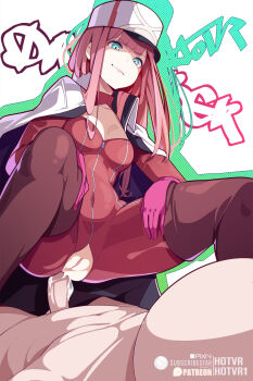 1boy 1girl anal aqua_eyes breasts brown_pantyhose cape cleavage clothed_female_nude_male commentary darling_in_the_franxx english_commentary girl_on_top hat highres hot_vr leotard long_hair medium_breasts nude pantyhose patreon_username penis pink_hair pussy red_leotard squatting_cowgirl_position subscribestar_username uncensored white_background white_cape white_hat zero_two_(darling_in_the_franxx)