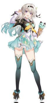 Rule 34 | 1girl, ankle boots, black hairband, black jacket, black thighhighs, blush, boots, breasts, commentary request, dress, firefly (honkai: star rail), food, full body, green dress, grey hair, hair between eyes, hair ornament, hairband, highres, holding, holding ice cream cone, honkai: star rail, honkai (series), ice cream, ice cream cone, jacket, long hair, long sleeves, looking at viewer, medium breasts, neckerchief, open mouth, orange neckerchief, panties, purple eyes, saint laurent paris, simple background, smile, solo, standing, thighhighs, underwear, v, white background, white panties, zettai ryouiki