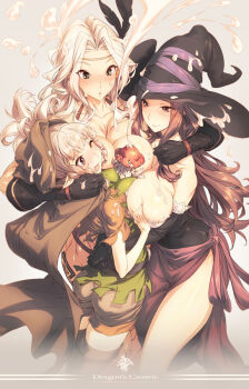 3girls amazon_(dragon's_crown) ass belt between_breasts black_eyes black_gloves blonde_hair blush boots breast_press breasts brown_eyes brown_hair brown_legwear circlet copyright_name dragon's_crown elbow_gloves elf elf_(dragon's_crown) english_text feather_hair_ornament feathers gloves grabbing_another's_breast groping group_hug hair_ornament hat hood hug kyu-jin large_breasts liquid long_hair multiple_girls mushroom open_mouth pointy_ears sexually_suggestive shorts simple_background smile sorceress_(dragon's_crown) suggestive_fluid thigh_boots thighhighs witch_hat