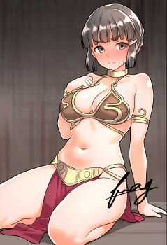1girl absurdres armlet black_hair blush breasts cosplay furaggu_(frag_0416) gold_armlet gold_choker grey_eyes hair_bun hair_ornament hairclip highres huttslayer_leia kantai_collection large_breasts long_hair metal_bikini myoukou_(kancolle) navel pelvic_curtain princess_leia princess_leia_(cosplay) solo star_wars star_wars:_return_of_the_jedi