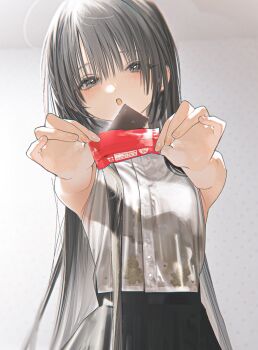 1girl animal_print armpit_crease bear_print black_skirt blunt_bangs blush breasts brown_eyes brown_hair button_up_skirt chocolate highres honjou_ruri honnryou_hanaru long_hair looking_at_viewer original petite shirt skirt sleeveless sleeveless_shirt small_breasts solo white_shirt