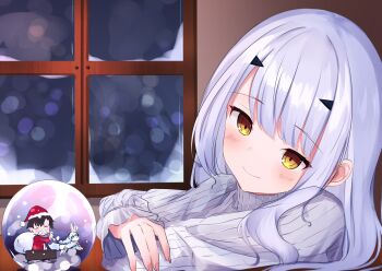 1girl blush brown_eyes closed_mouth commentary_request fate/grand_order fate_(series) fou_(fate) fujimaru_ritsuka_(male) grey_hair highres indoors long_hair melusine_(fate) ribbed_sweater riya_(01214) smile snow snow_globe solo sweater turtleneck turtleneck_sweater upper_body white_sweater window